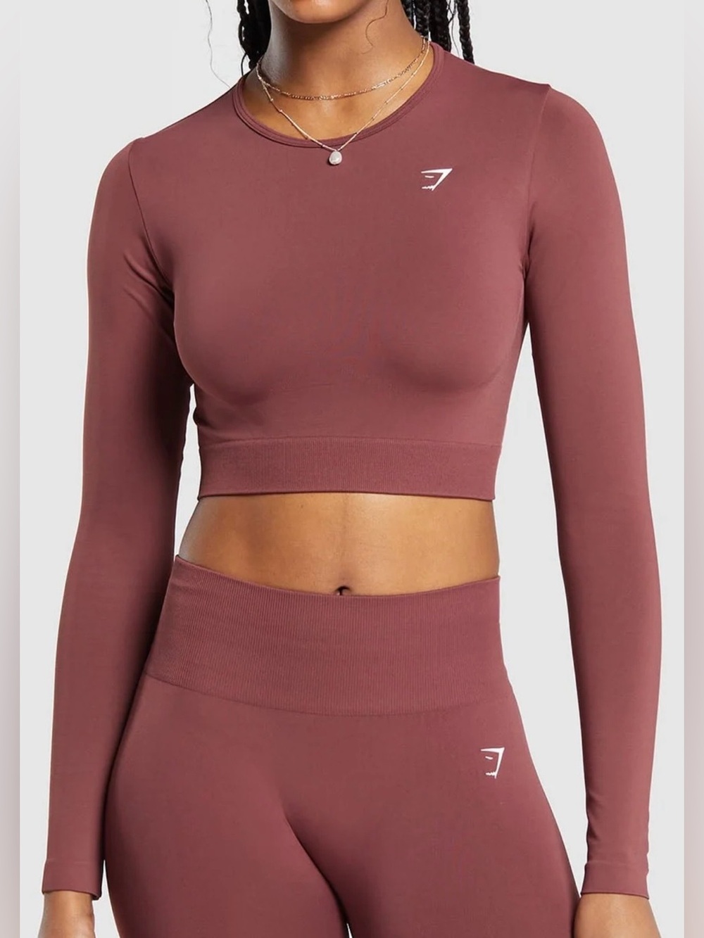 Gymshark 2-pc seamless long sleeve crop & leggings set Small NWOT Burgundy Brown